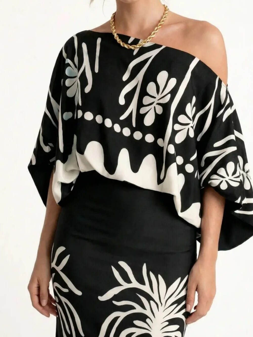 Tropical Resort 2 Piece Maxi Skirt Set Black White Boho Coastal Chic XL Chicme - Picture 2 of 16